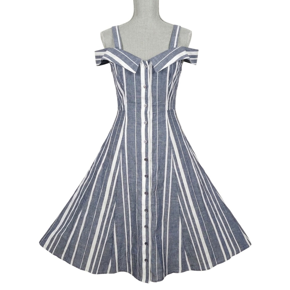 ASOS Blue White Striped Cotton Button Front Midi Dress Nautical Size 2 NWOT - Picture 2 of 8